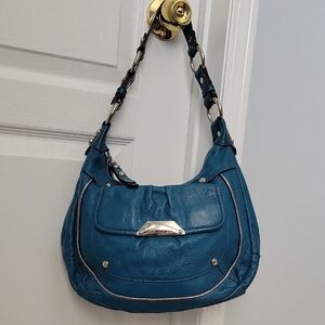B. Makowsky Dark Teal Blue Leather Shoulder Bag with Silver Hardware